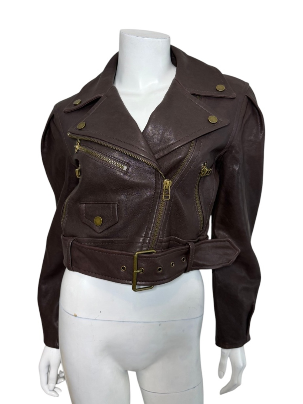 Veronica Beard Brown Lamb Leather Cropped Belted Moto Jacket Size 0